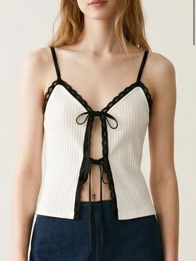 Zara White Ribbed Lace-Trim Tie-Front Cami with Black Trim